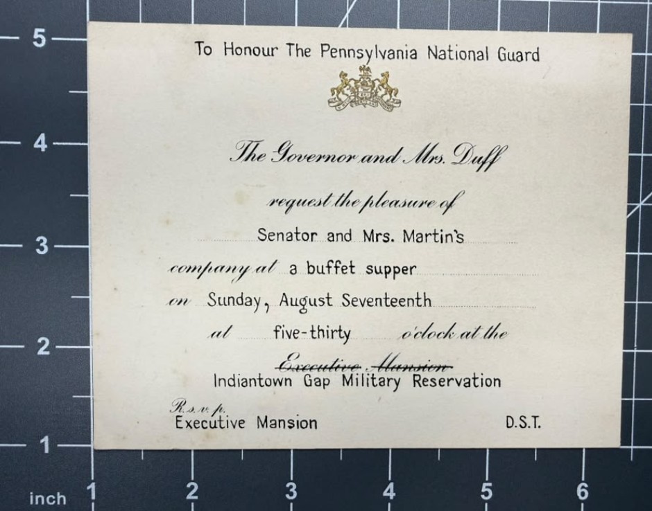 1947 Governor James H. Duff Pennsylvania National Guard Dinner Invitation