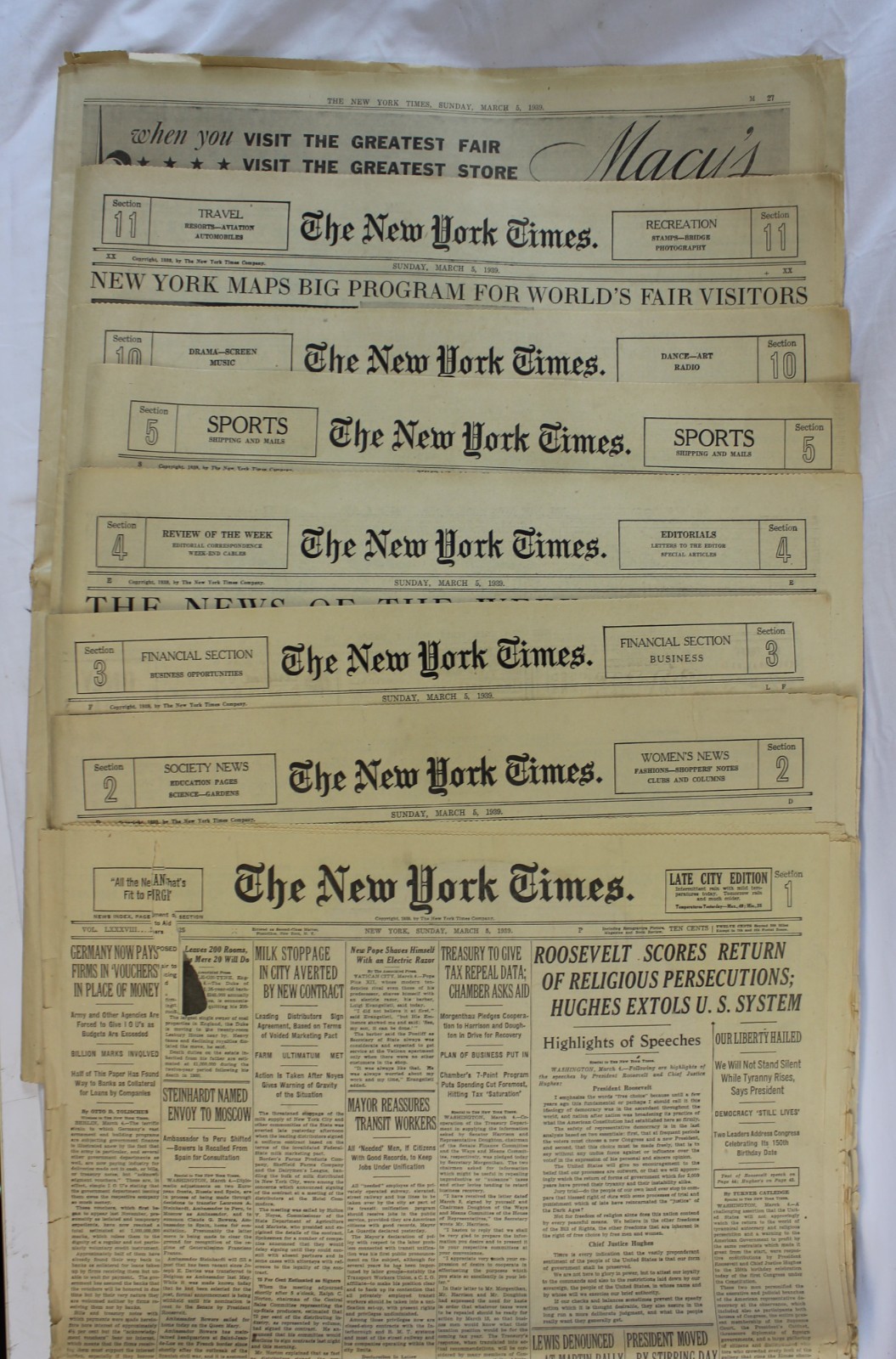 1939 Sunday New York Times 9 Sections World’s Fair Preview Maps Pope Pius XII