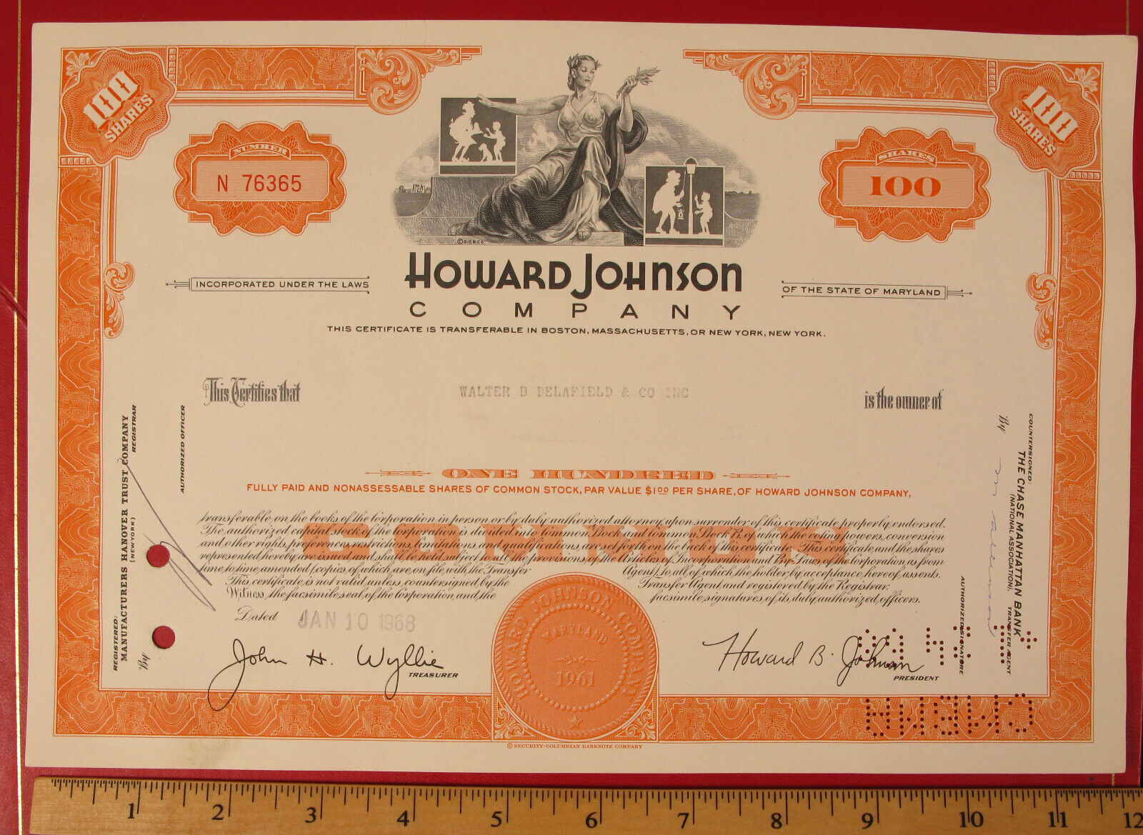 VINTAGE 100 SHARES HOJO HOWARD JOHNSON  COMPANY COMMON STOCK RARE 