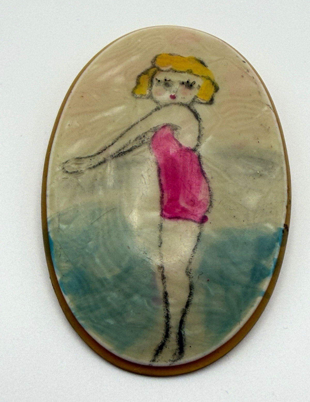 Oval Pinback Button Hand-Painted Girl in Pink Swimsuit vintage pinup girl