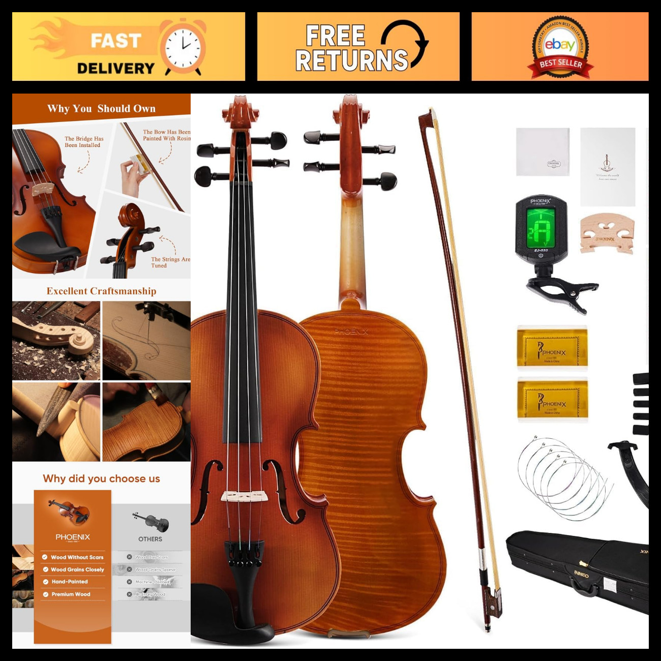 PHOENIX Violin 4/4 Full Size Kit, Violin Fiddle Set for Beginner Adults Student
