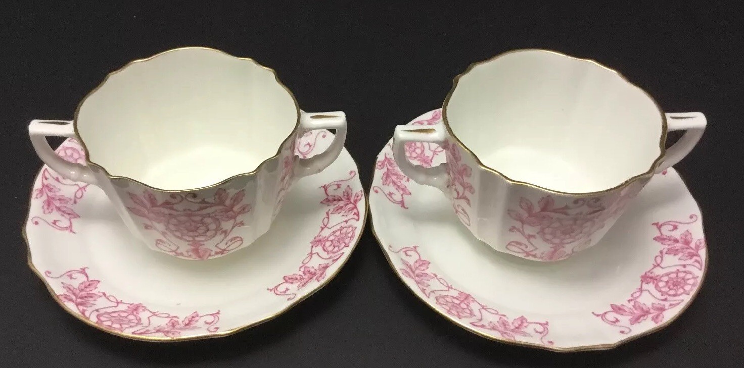2 Victorian EJDB Bodley Pottery Demitasse 2 handle Cup Saucer Set Staffordshire~