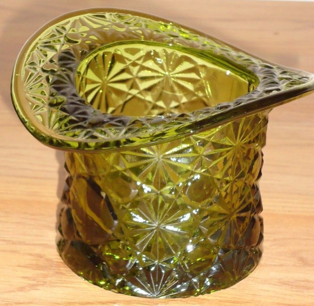 Vintage GREEN GLASS HAT Vase Button Daisy pattern