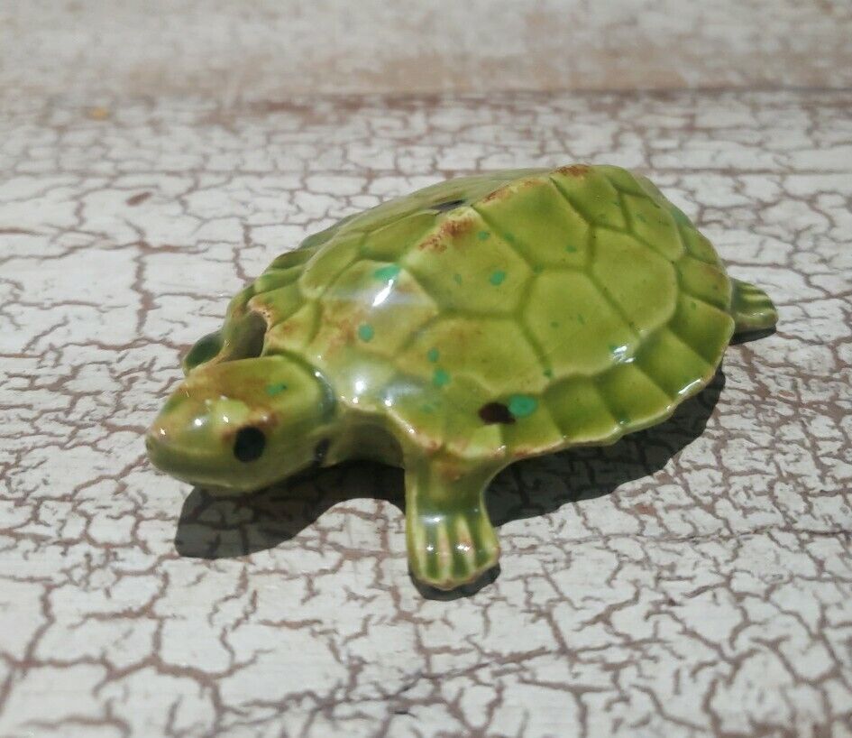 Small Turtle Figurine 3” Wide Lime Green Glazed Ceramic