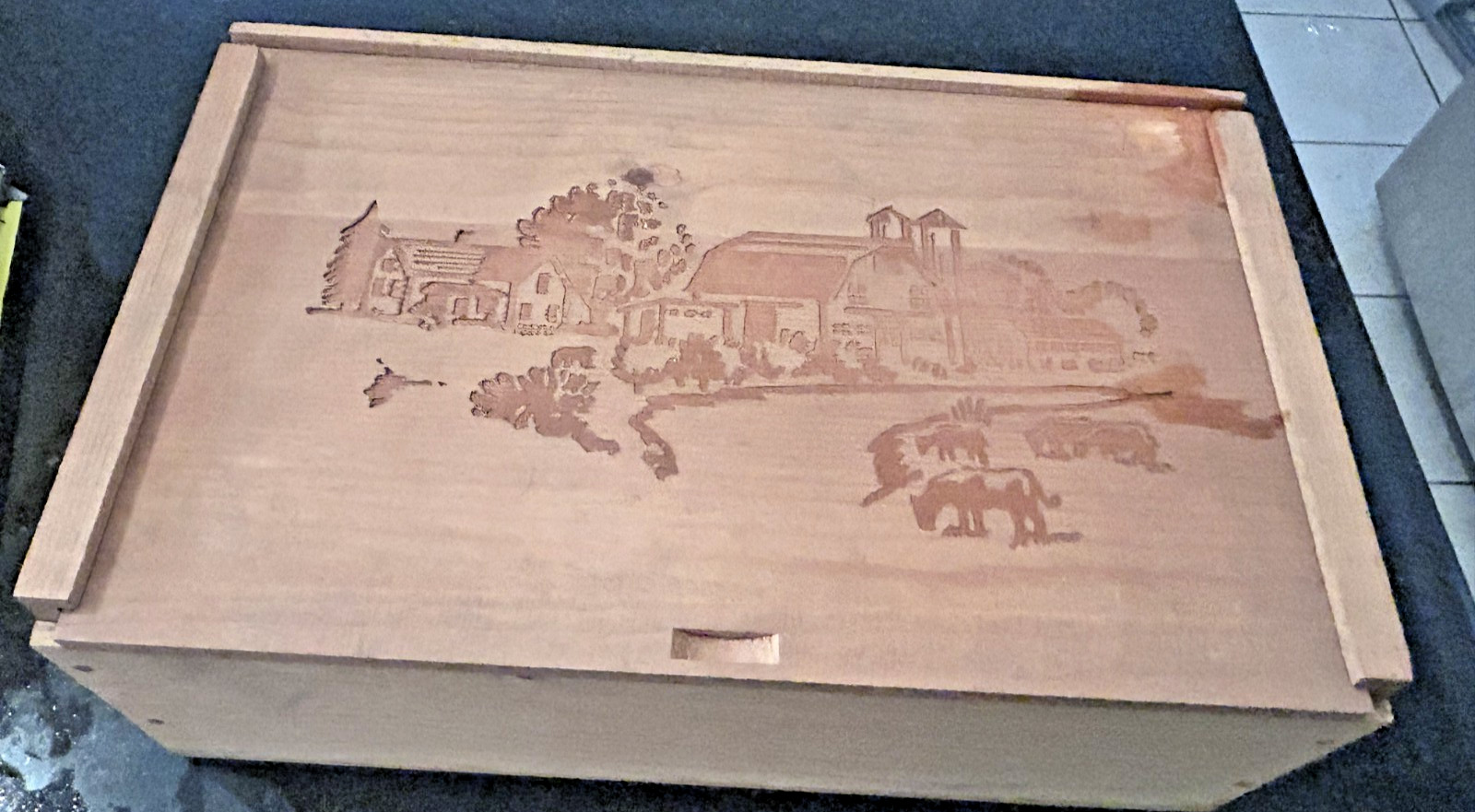 Vintage Wooden Bread Box Sliding Door Asian Landscape Etched Carved Kitchen