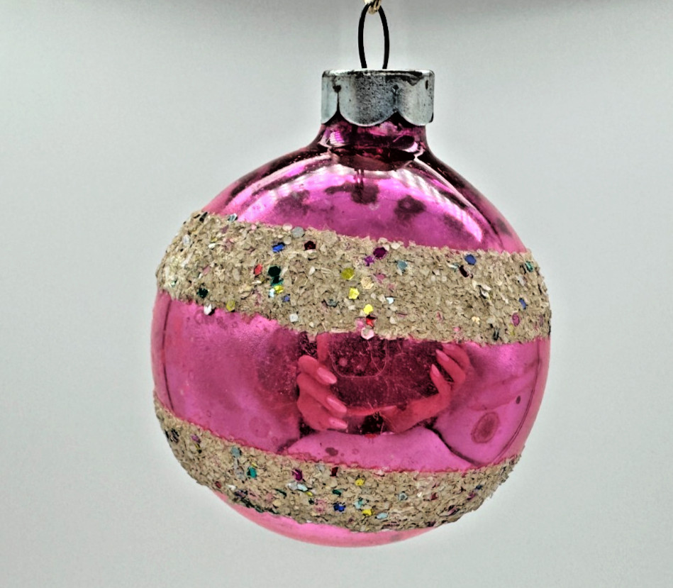 RARE Vintage Franke Glass Mica Confetti Christmas Ornament Pink/ Fuchsia 2\