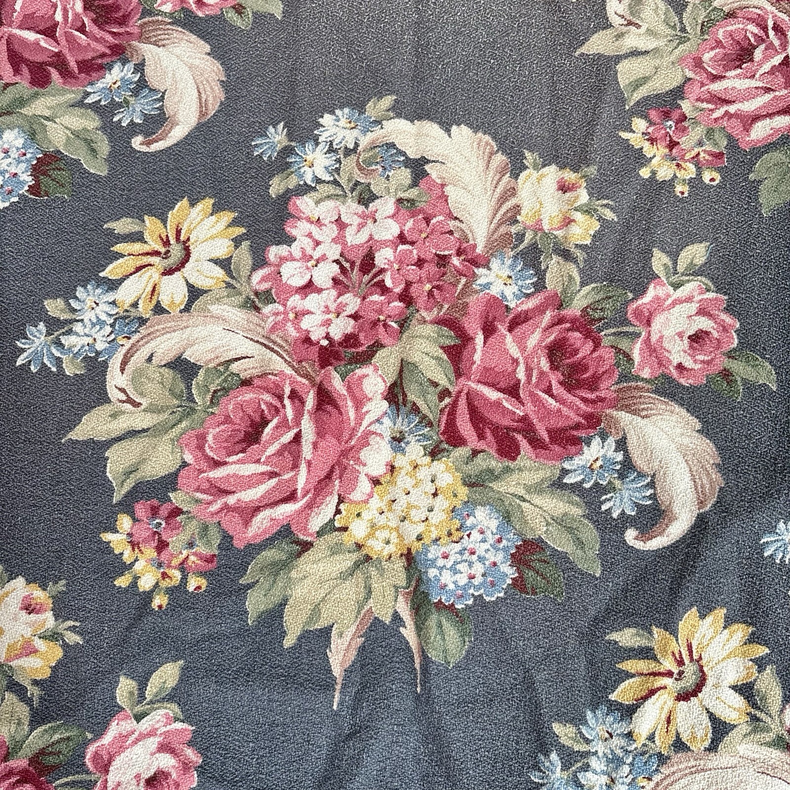 Vtg Barkcloth Drapery Panel 1940s Pink Roses Scrolls Bouquets on Blue-Gray 22x78 Vtg Barkcloth Drapery Panel 1940s Pink Roses Scrolls Bouquets on Blue-Gray 22x78