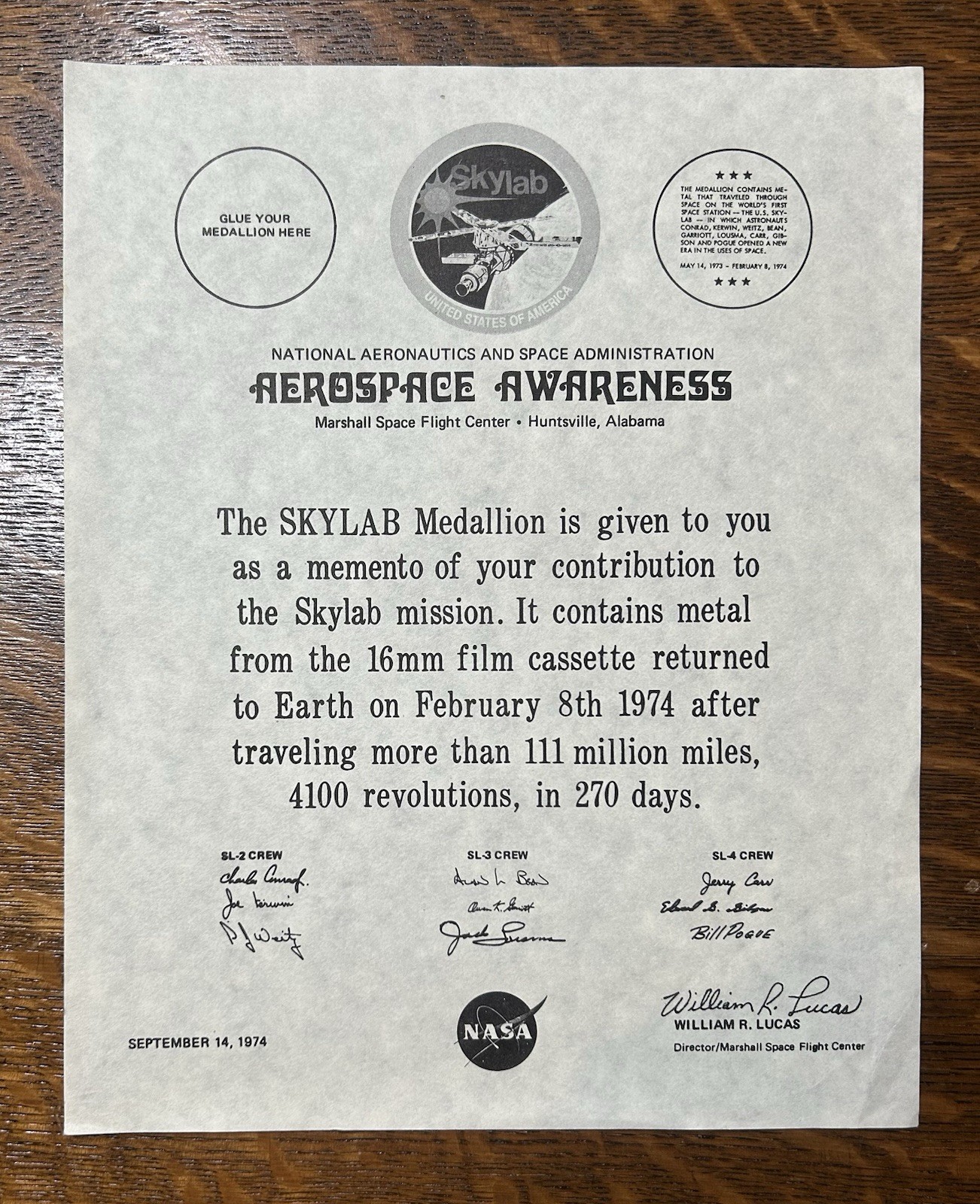 Vintage 1974 Original NASA Skylab Medallion Certificate Aerospace MSFC Signed