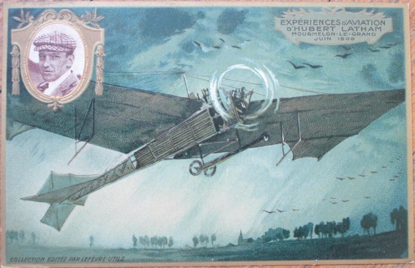 French Aviation 1910 Lefevre Utile Advertising Postcard, Hubert Latham, Airplane