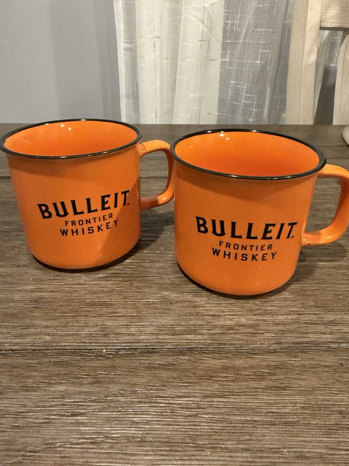 Bulleit Frontier Whiskey Ceramic Coffee Mug Cup Black Rim Orange 10 Oz Set Of 2