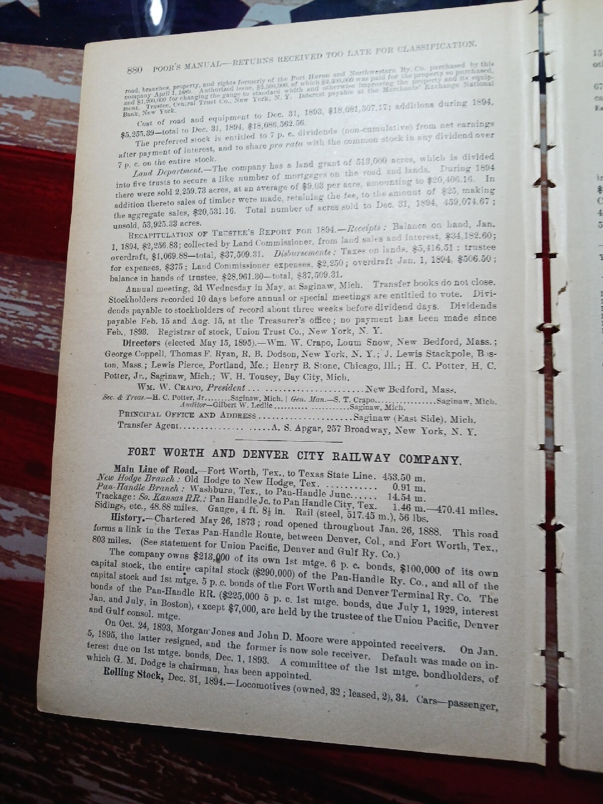 ☆1895 train report FORT WORTH & DENVER CITY RAILWAY Washburn Panhandle City TX 