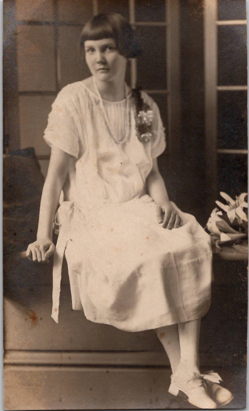 Pretty Flapper Girl Bob Cut Hair Roaring 20s Antique Real Photo Postcard RPPC