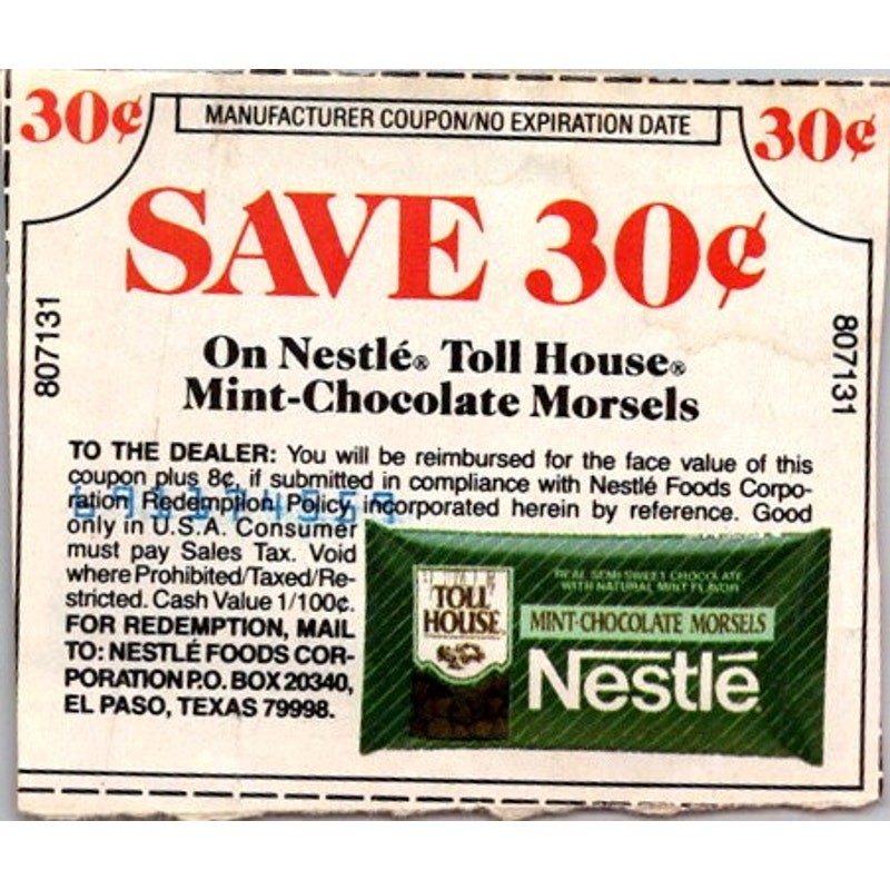Save 30¢ Nestle Toll House Mint-Chocolate Morsels El Paso 1980s Coupon SAI1-M8