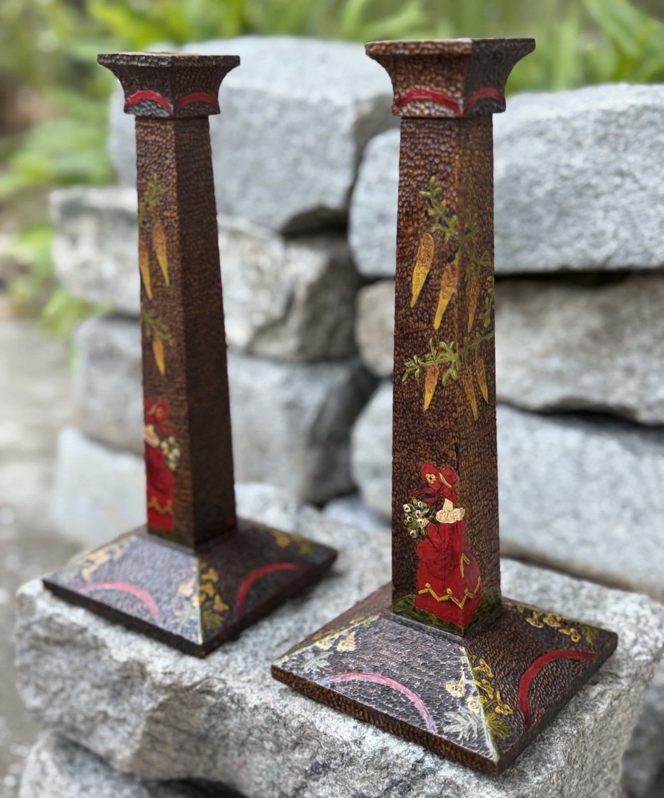 Pair Vintage Folk Art Hammered Textured Wood Candlesticks Hand Painted Figures