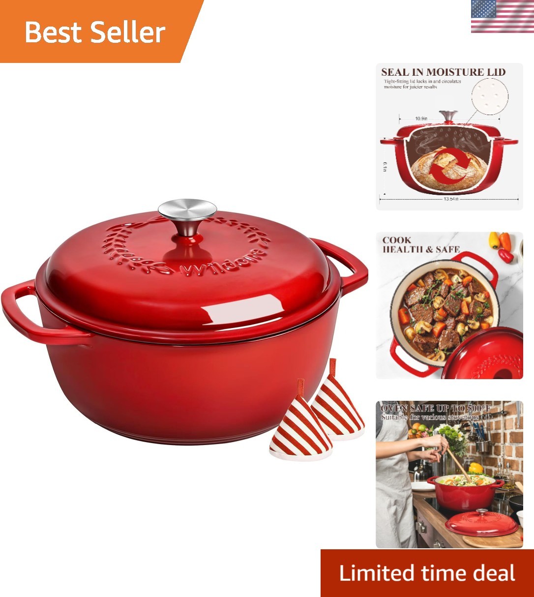 Elegant 6QT Red Cast Iron Dutch Oven with Cotton Potholders - Perfect for Baking Elegant 6QT Red Cast Iron Dutch Oven with Cotton Potholders - Perfect for Baking