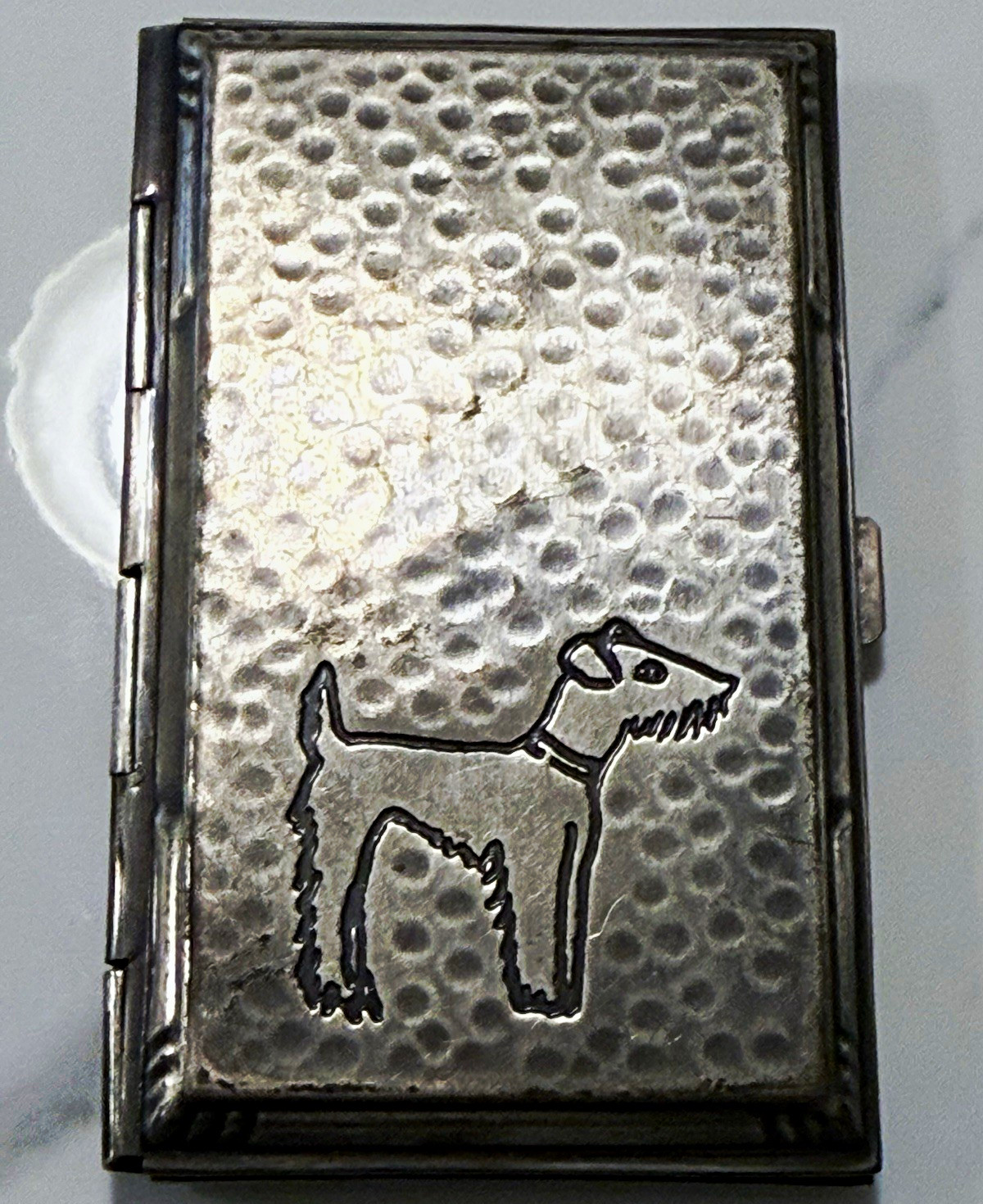 Vintage Hammered Metal Cigarette Case Terrier Dog Motif Art Deco 3.75 In