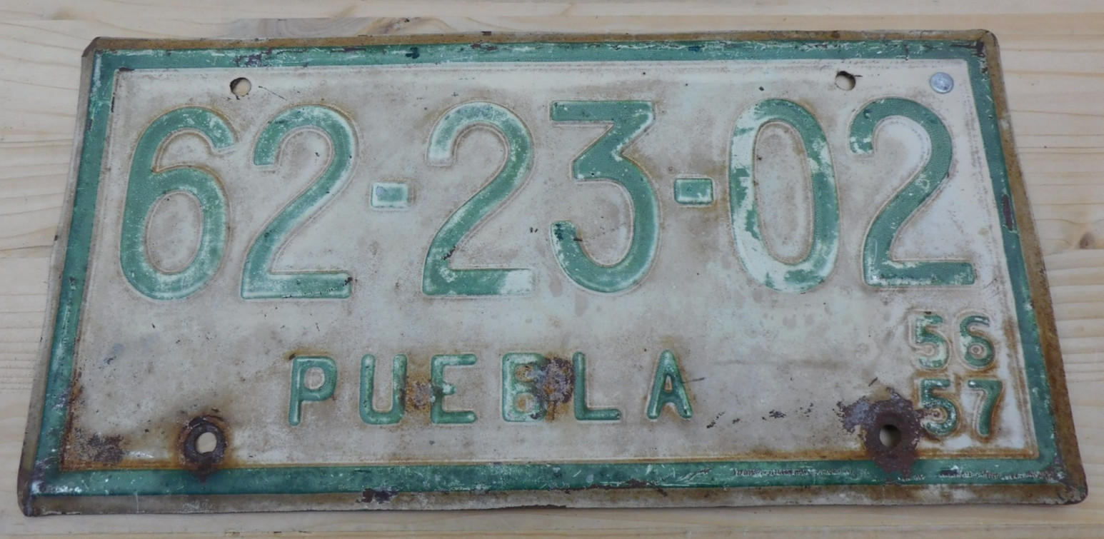 Vintage Original 1956-57 Puebla Mexico License Plate Tag # 62-23-02