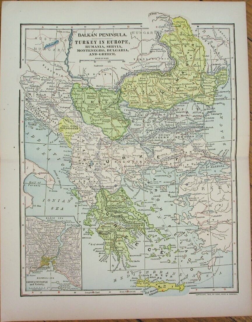 Balkan 1902 Map, Dodd Mead Co., Turkey Romania Serbia Montenegro Bulgaria Greece