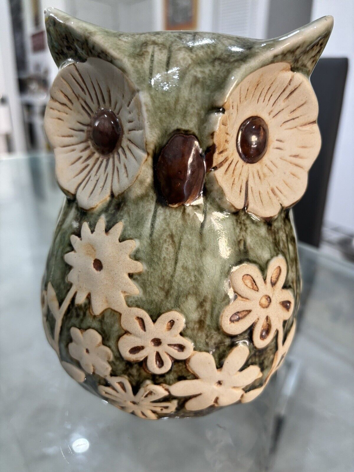 Rustic Ceramic Owl  Floral Design Decorative Figure Green Cottagecore 6.5”