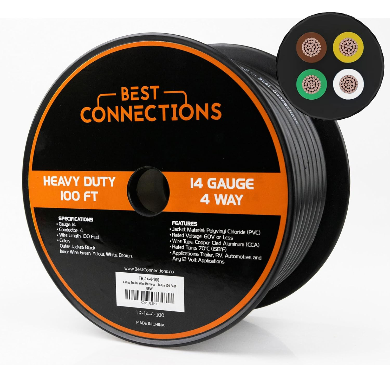 4 Way Trailer Wire (100 Feet) – Heavy Duty 14 Gauge 4 Conductor Insulated Cable