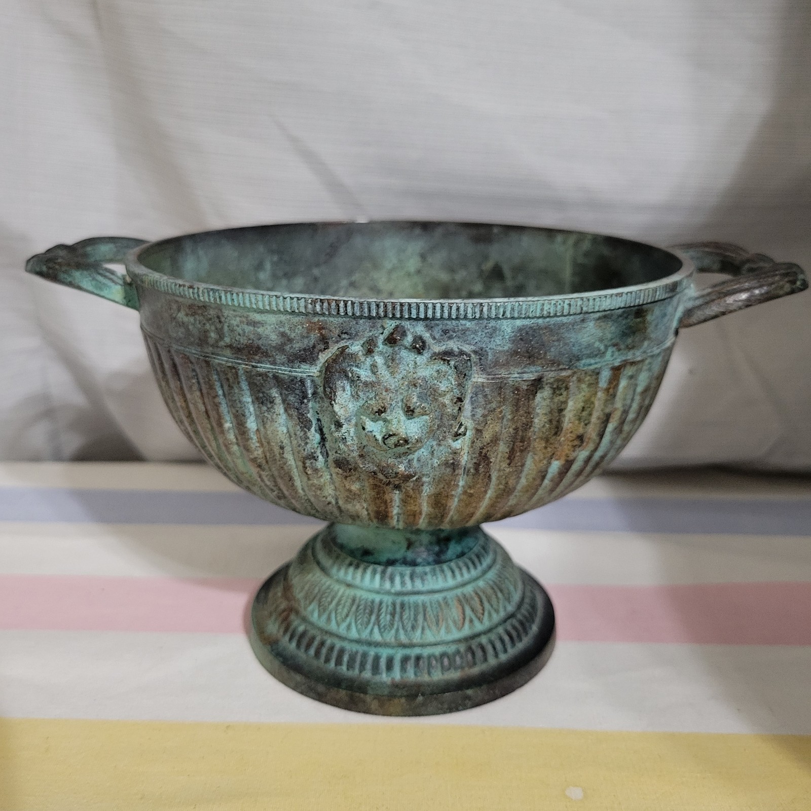 Antique Metal Pedestal Bowl with Lovely Patina 1930 Lion Face India