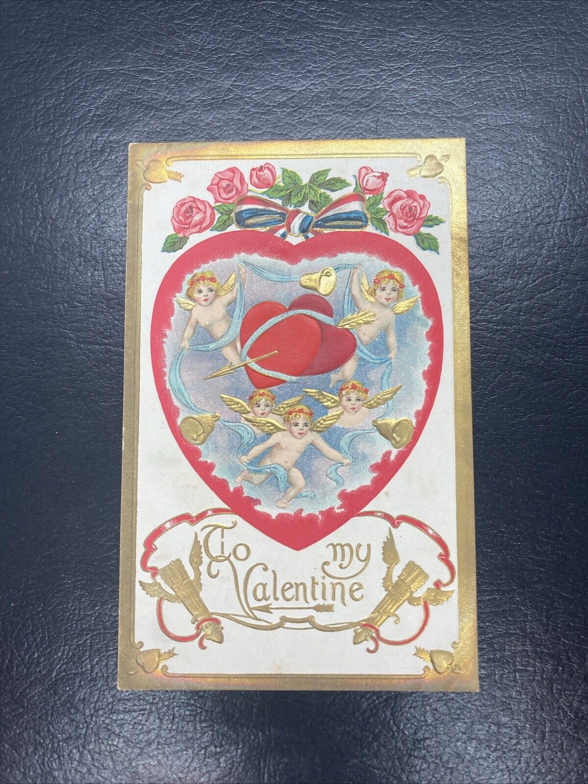 Postcard Valentine's Day Cupids In Heart Patriotic Ribbon Unposted