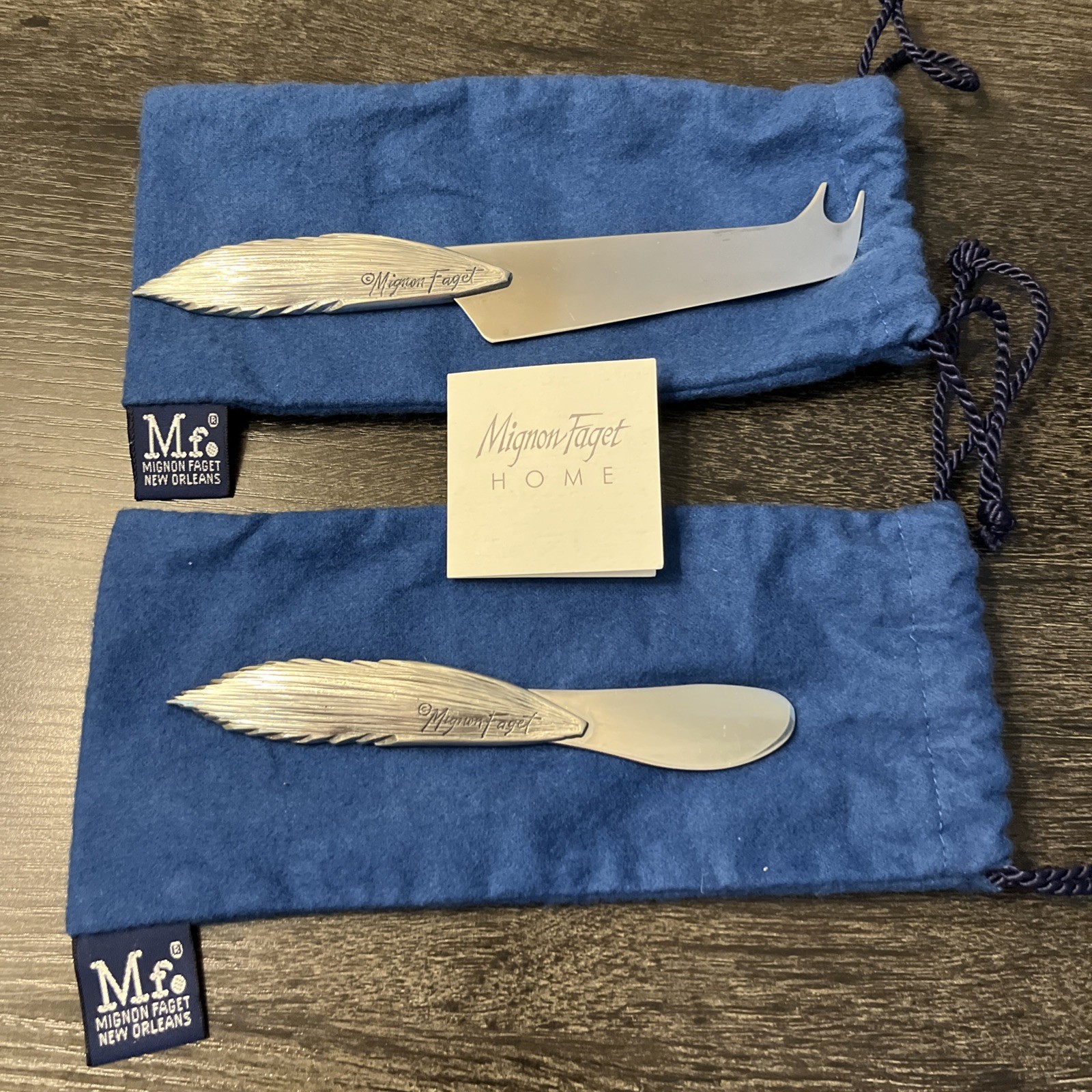 Mignon Faget Retired Cheese Knife And Butter Spreader Blue Pouch Feather Pattern
