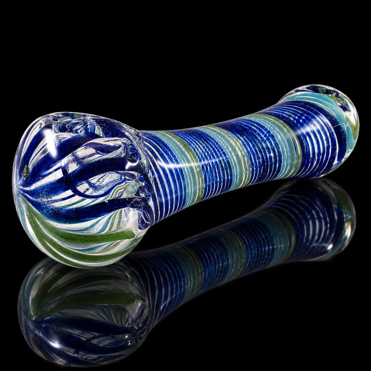 Blue Teal Green Swirl Glass Tobacco Hand Pipe Spiral Striped Design