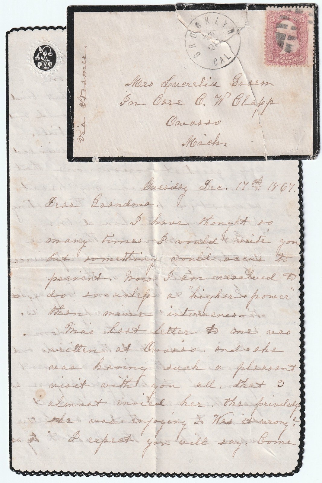 LONG Letter 1867 Brooklyn California - Describes San Francisco Bay CA Oakland