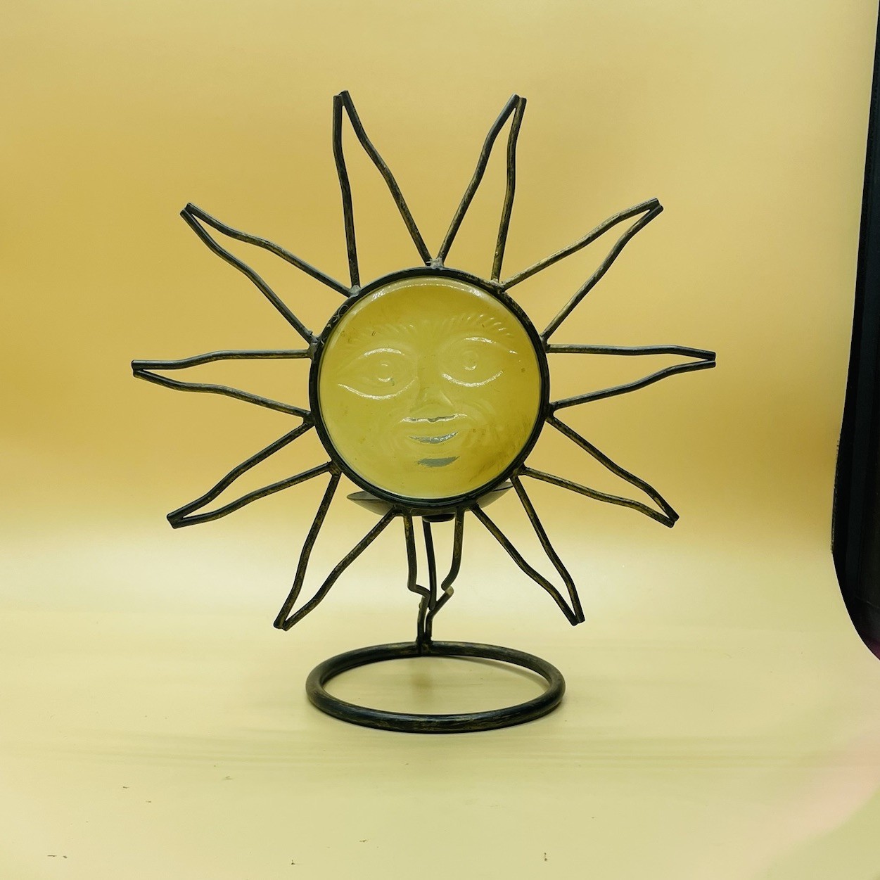 Vintage Celestial Sun Face Green Glass Wrought Iron Candle Holder Tabletop Decor