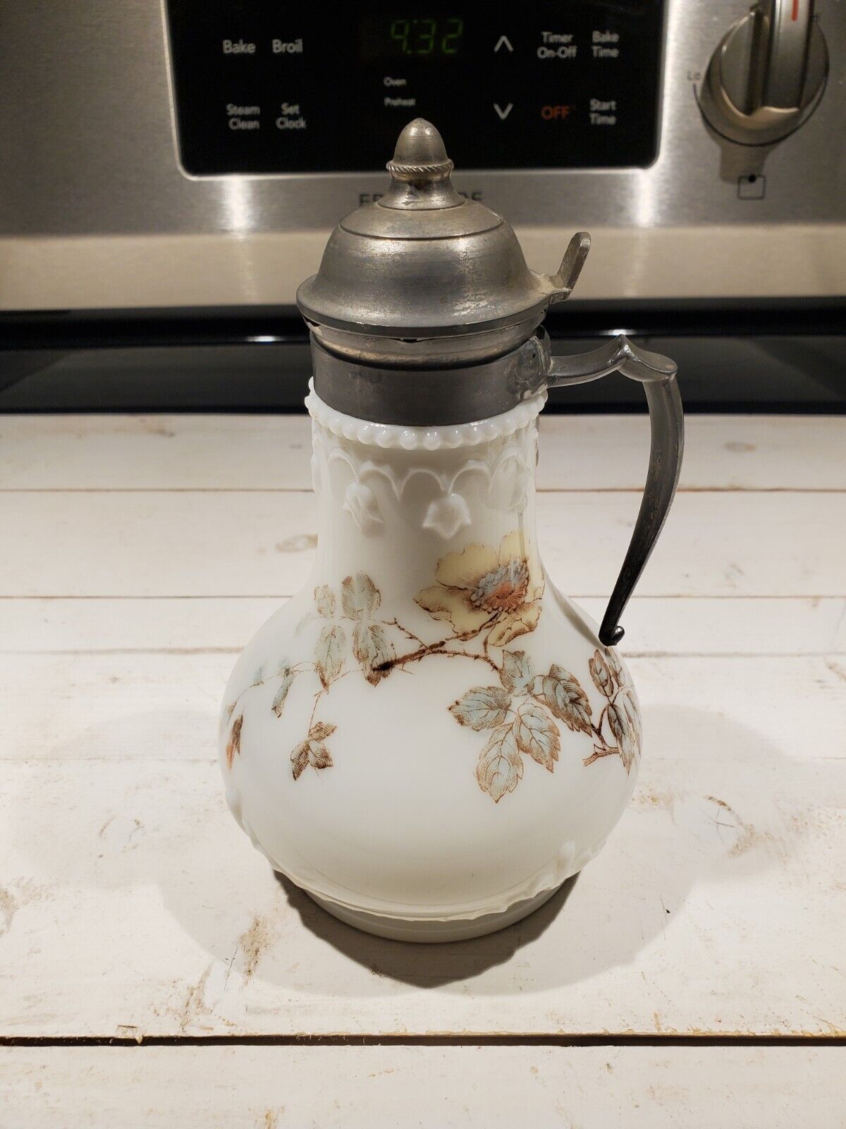 Antique Wavecrest Milk Glass Syrup Dispenser 7.5\