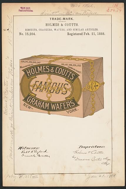 New York NY 1888 Holmes Coutts Famous Graham Wafers Trademark Registration