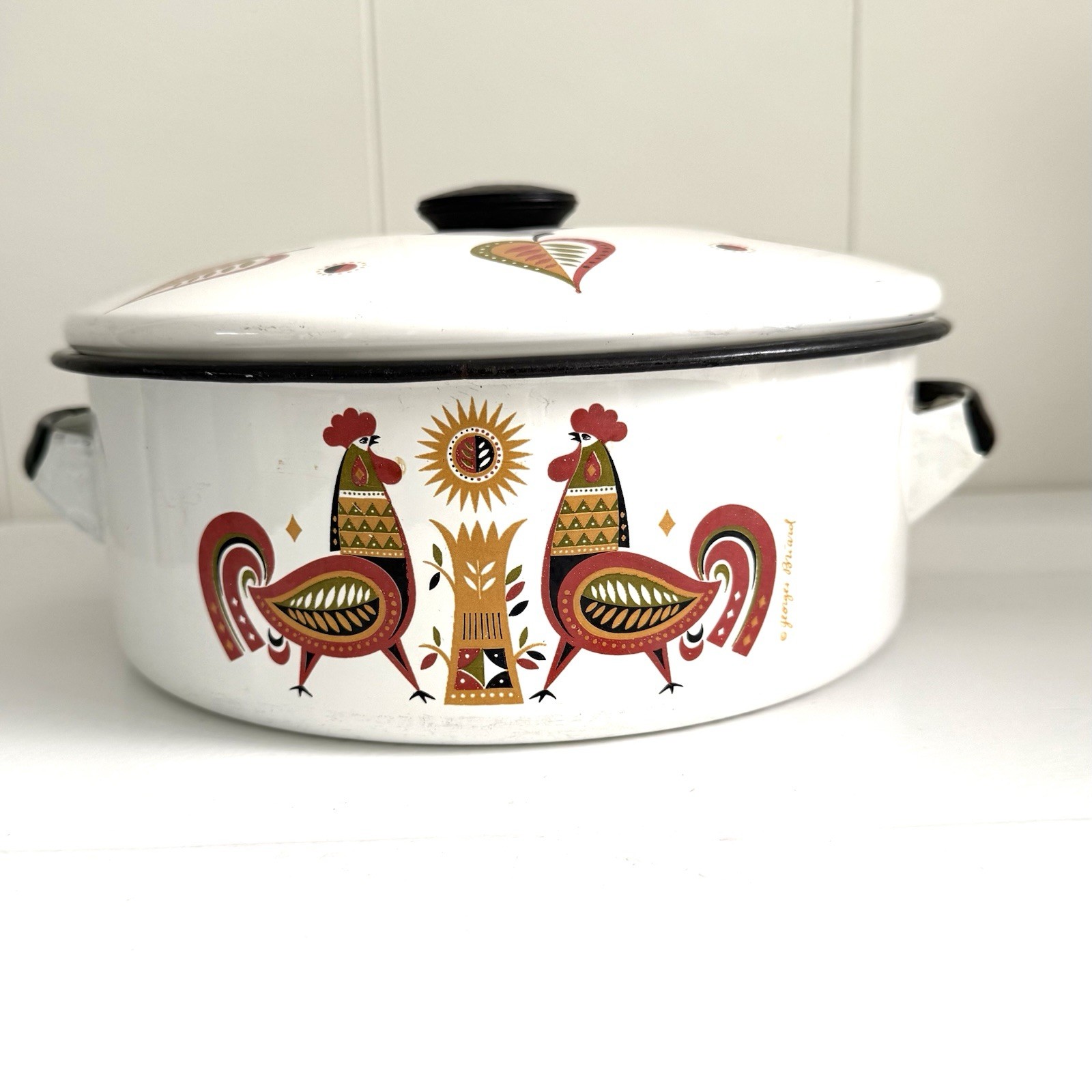 Vintage Georges Briard Enamelware Stockpot with  Lid  Rooster Signed