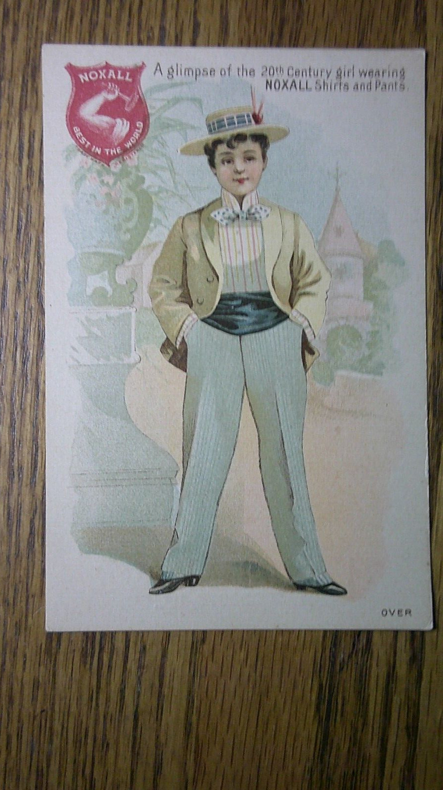 trade card advertising Noxall clothes revolutionary idea Women\'s wear in 20th C.