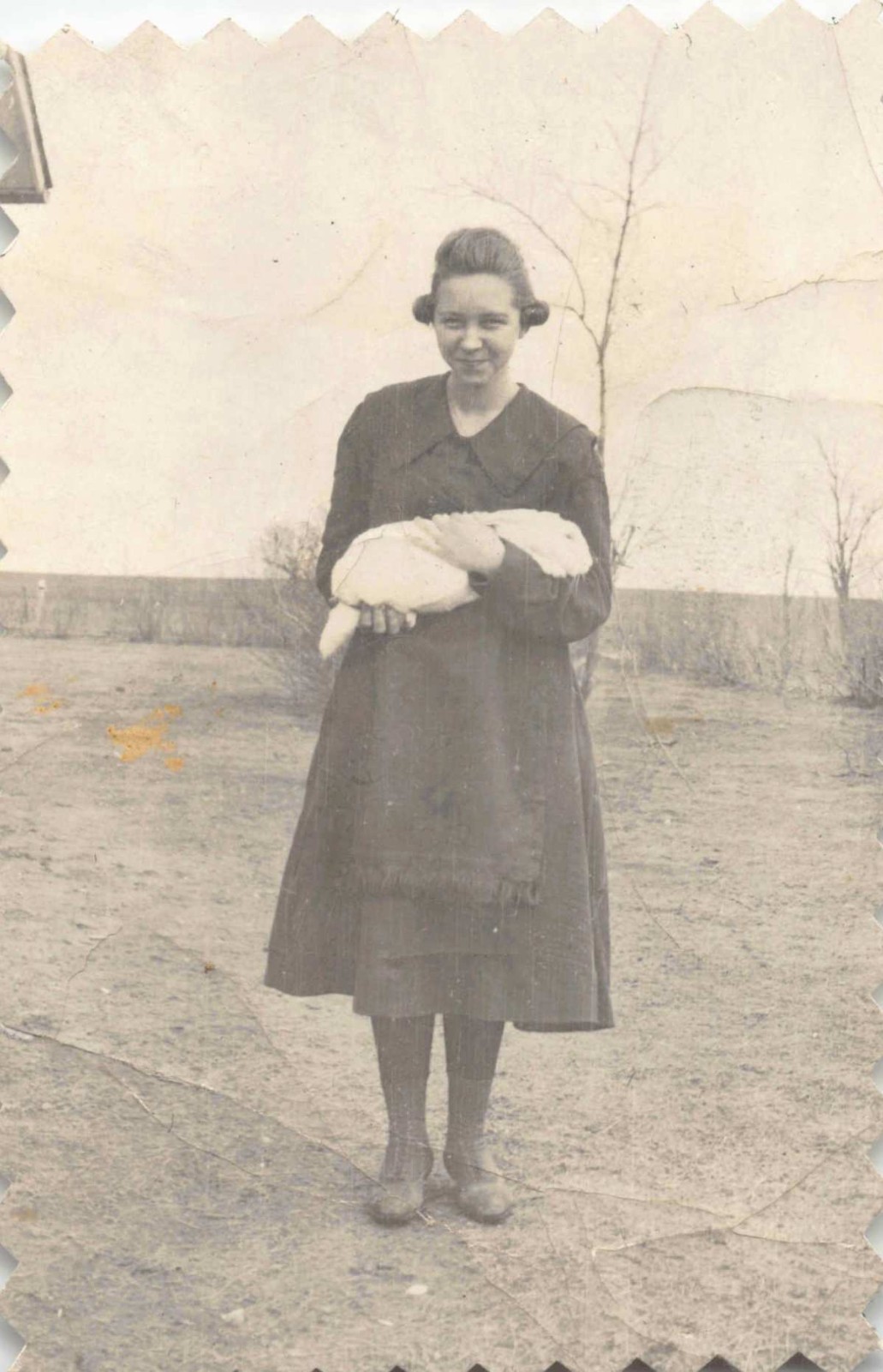Woman Holding White Rabbit 1920s Photo Farm Ranch Black Dress Stockings Cute