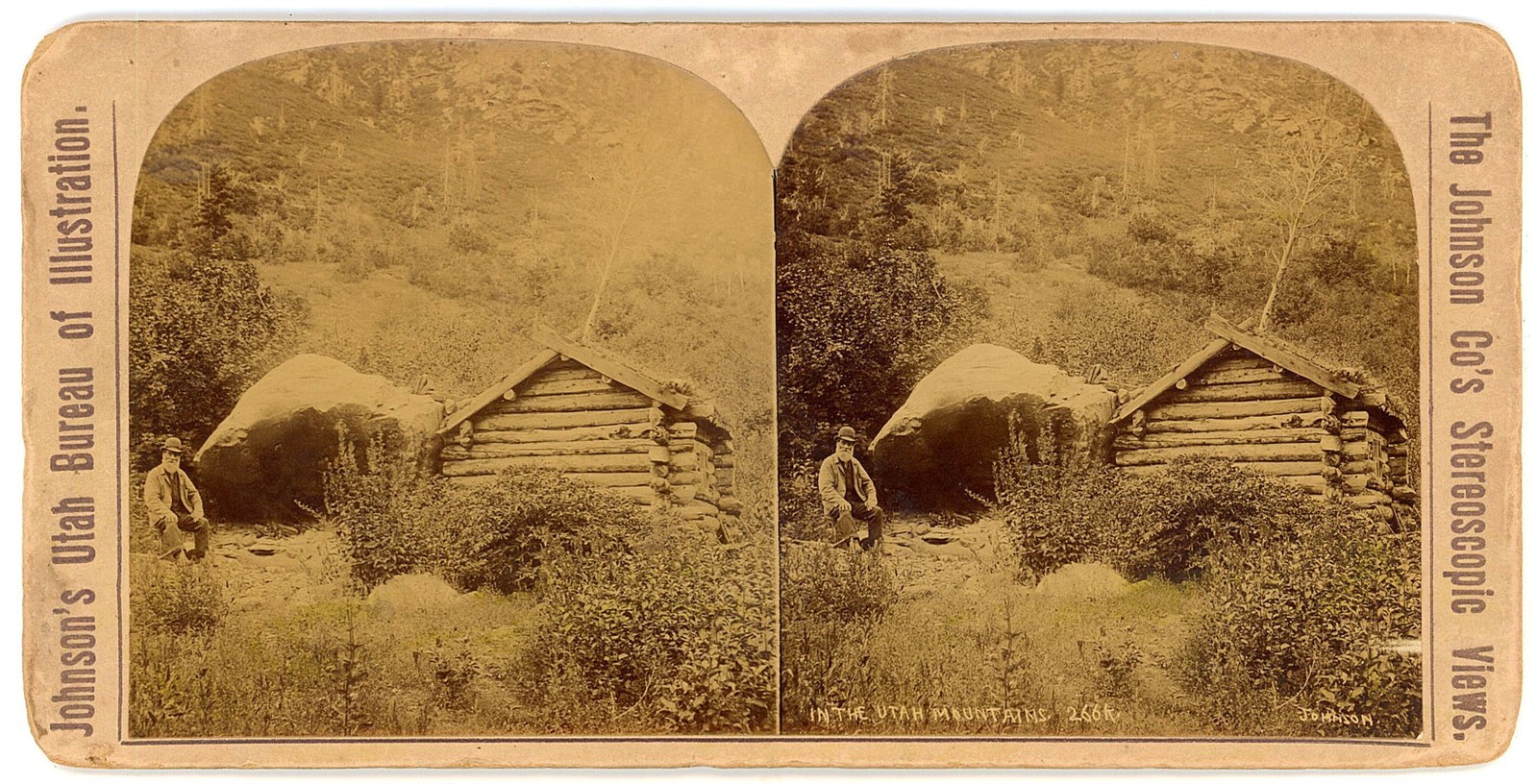 UTAH STEREOVIEW - Mountain Man & Cabin - CE Johnson 1890s