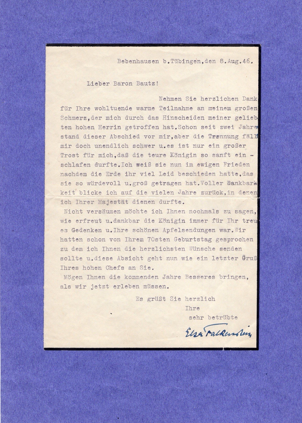 1946 Queen Charlotte Of Wurttemberg Death Handwritten Royal Mourning Letter Als