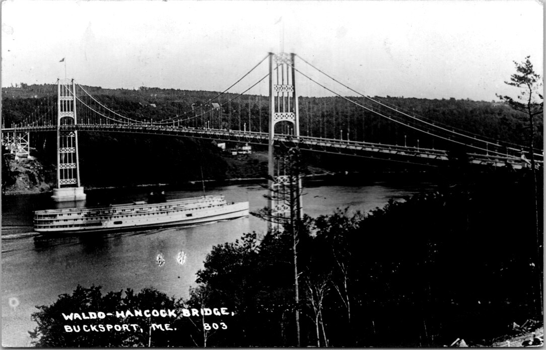 RPPC Bucksport ME Waldo Hancock Bridge Steamer Steamship photo postcard IQ10