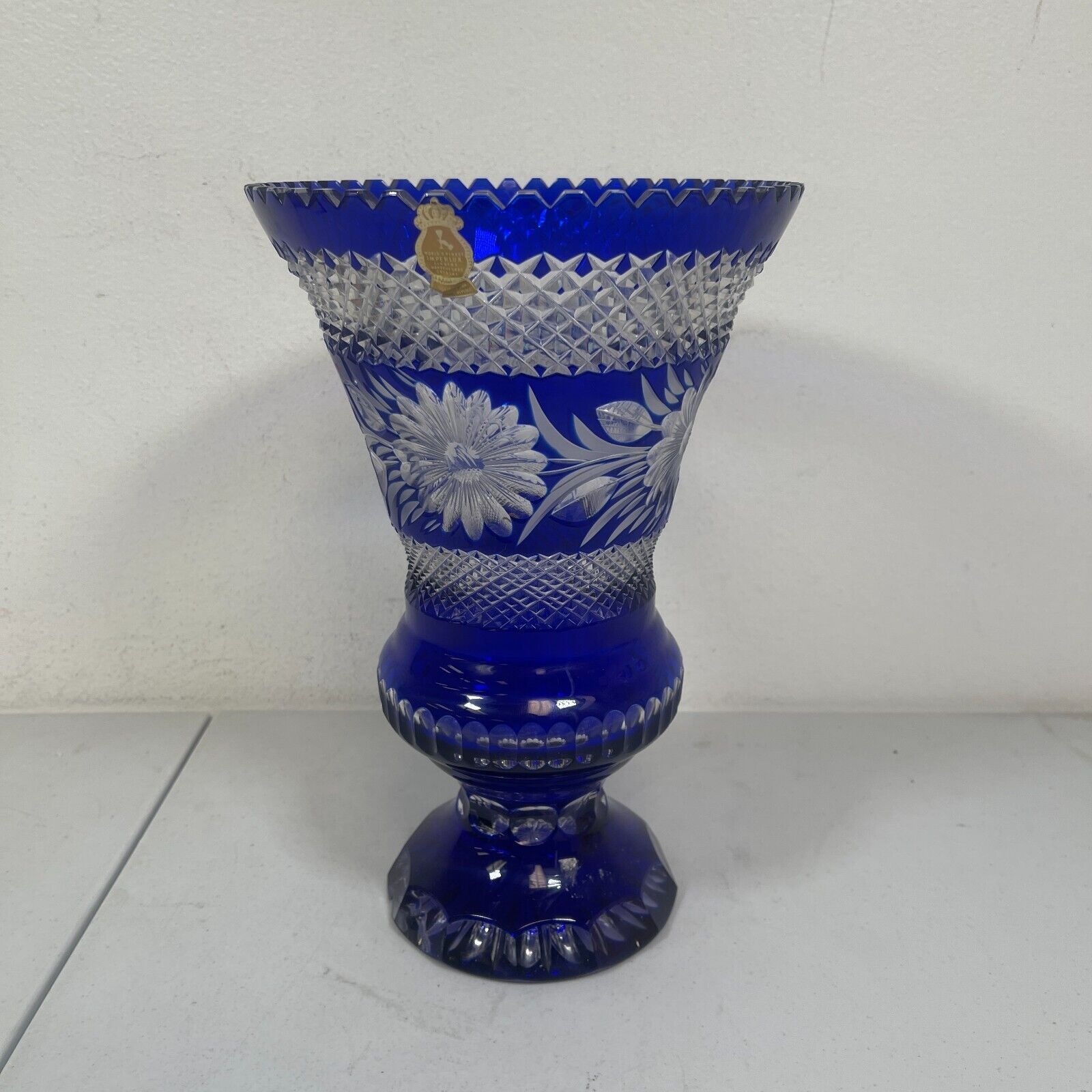 Vintage Worlds Finest Imperlux Genuine Handcut Lead Crystal Blue Vase