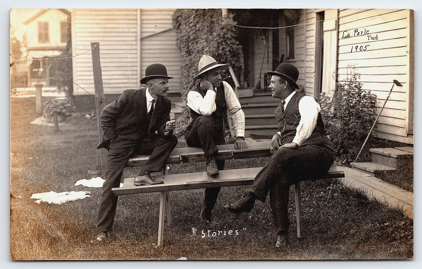 1905 La Porte Indiana Antique Vintage Real Photo Postcard 3 Men Telling Stories