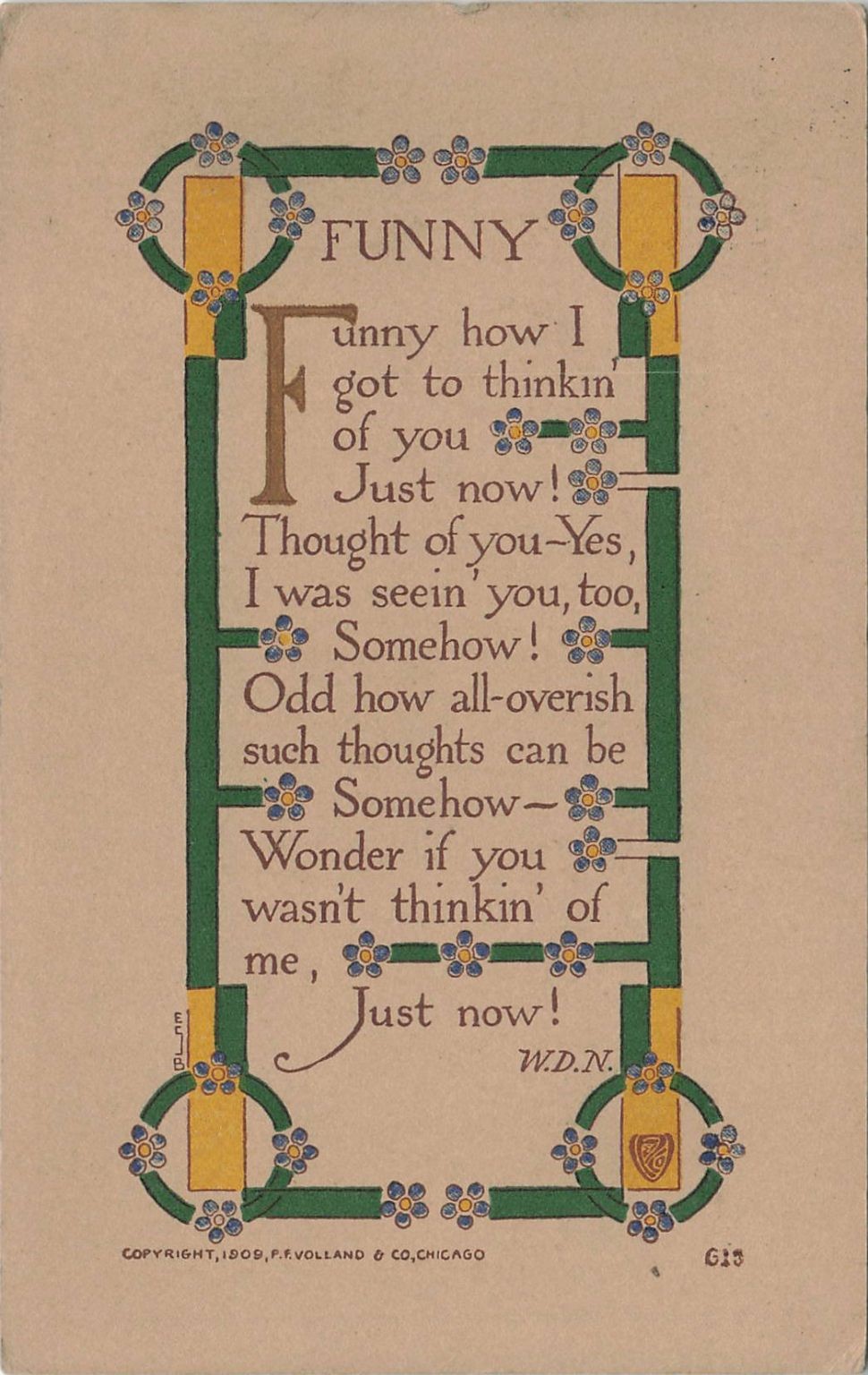 1908 P.F. Volland FUNNY Poem Postcard - W.D.N., E.F.B. Art Nouveau 1908 P.F. Volland FUNNY Poem Postcard - W.D.N., E.F.B. Art Nouveau