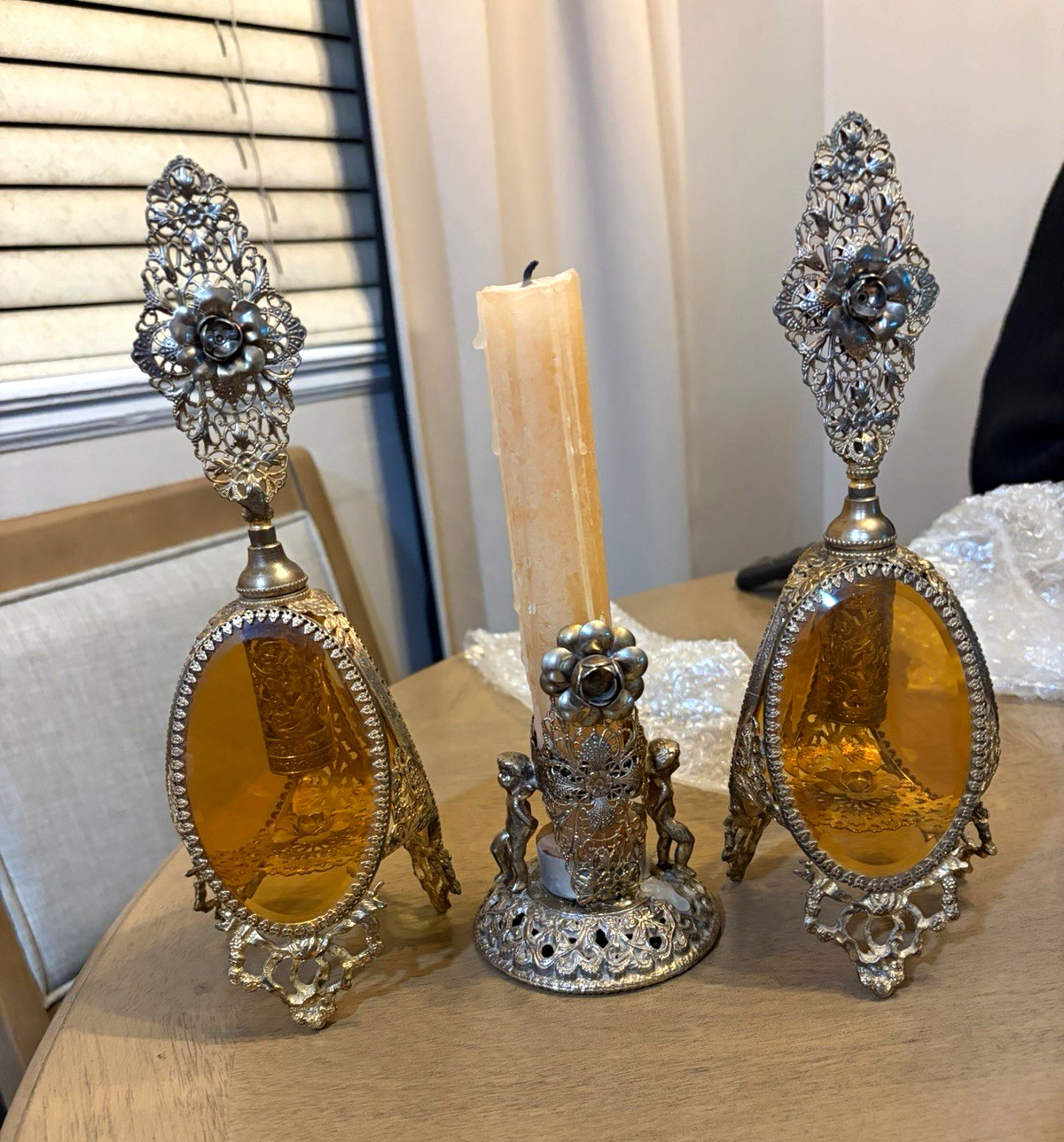 Vintage Hollywood Regency Ormolu Vanity Set - Pair Amber Glass Perfume Bottles &