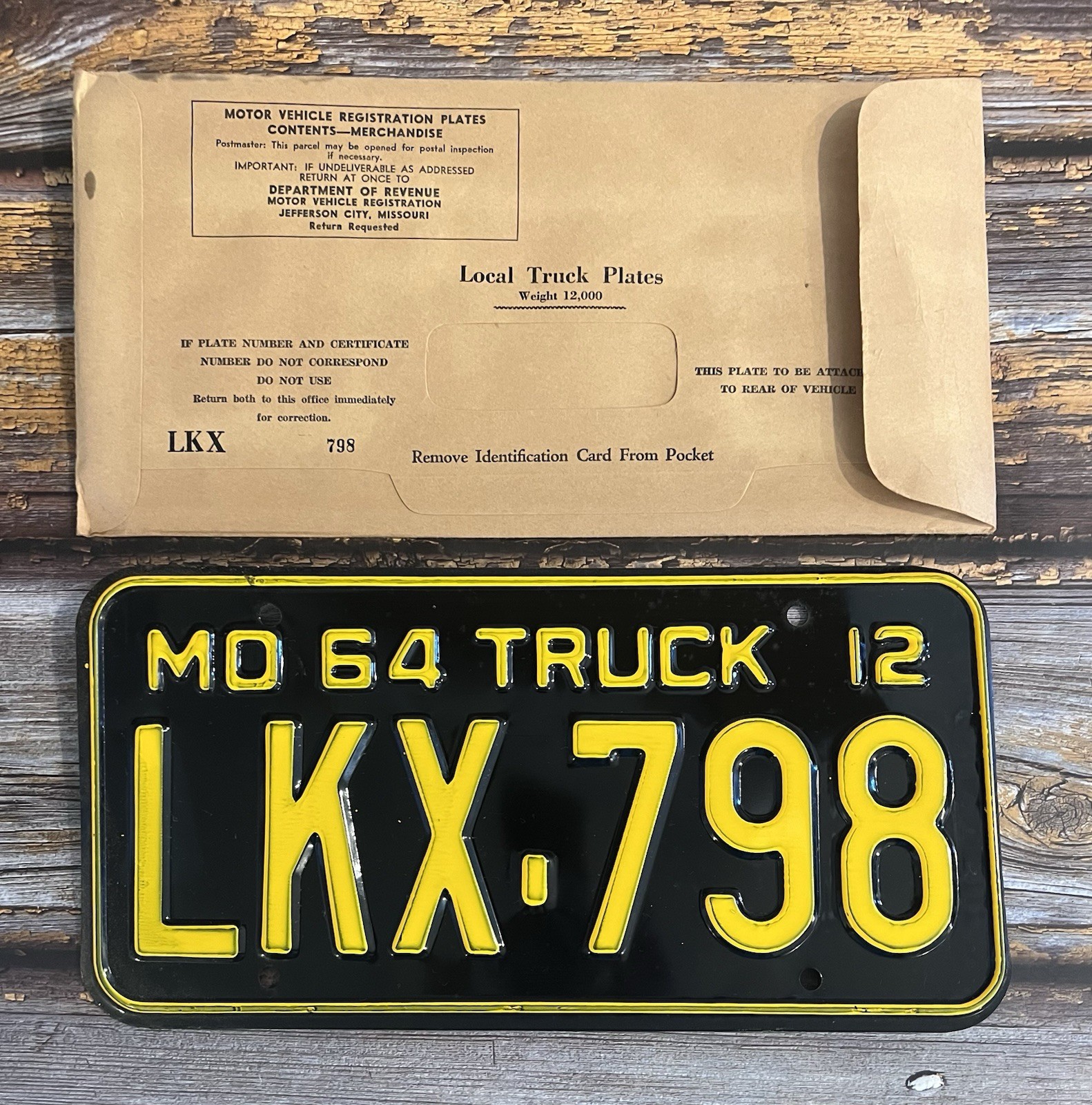 1964 Missouri TRUCK License Plate LKX-798 w/ Original DMV Envelope NOS 1964 Missouri TRUCK License Plate LKX-798 w/ Original DMV Envelope NOS