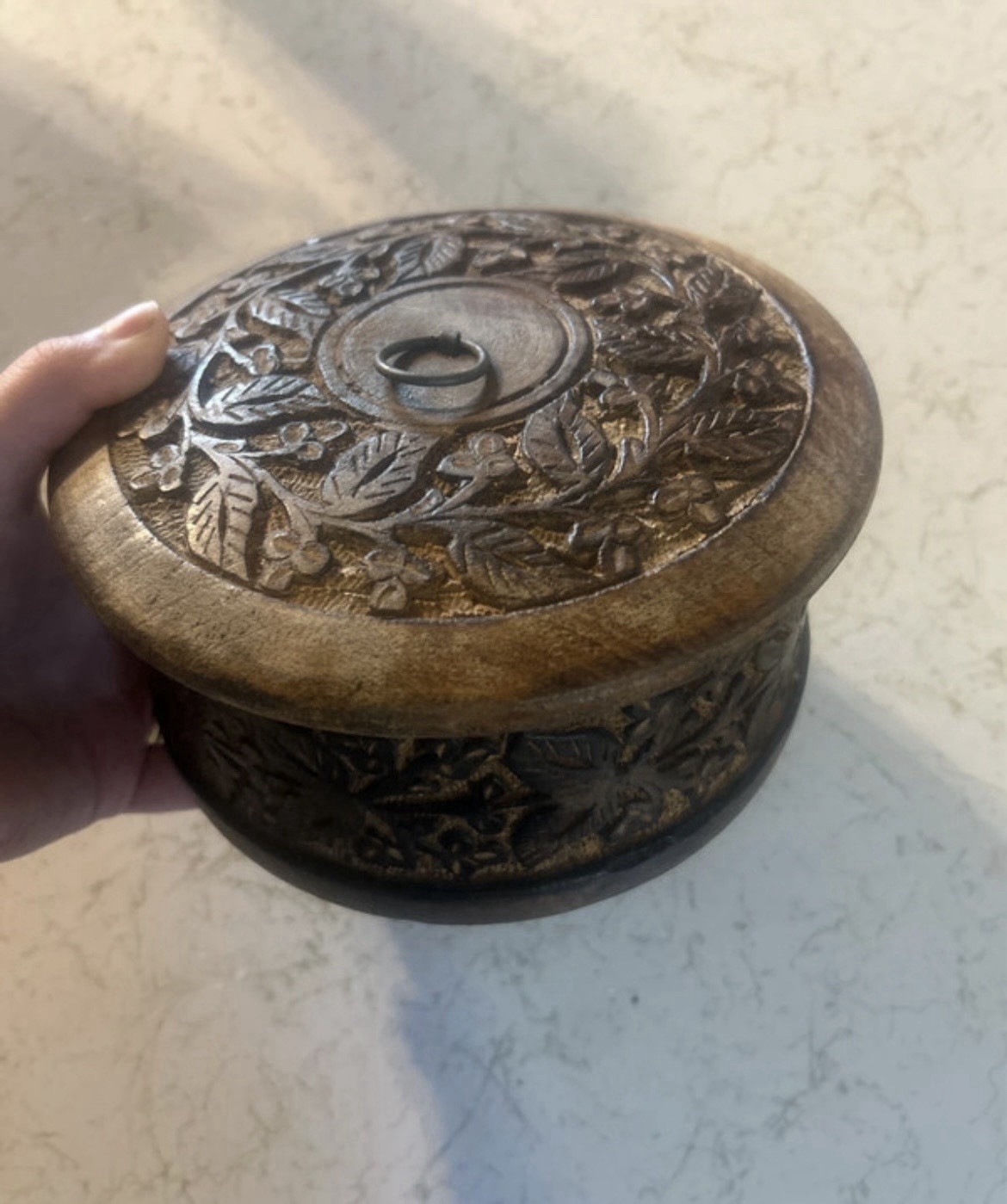 VTG Hand Carved Lidded Wooden Bowl Brown Floral Spice Box Dried Fruit Box