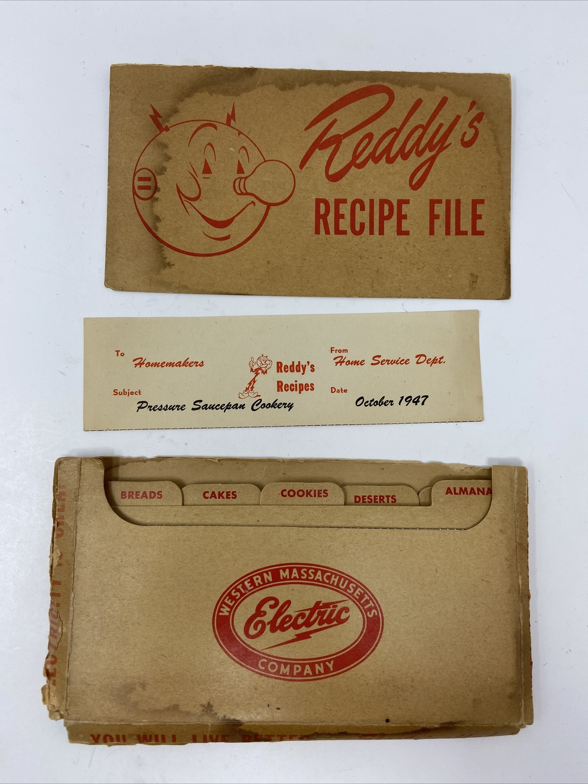 Vtg 1947 Reddy Kilowatt Recipe File with Recipes Damaged Western Massachusetts