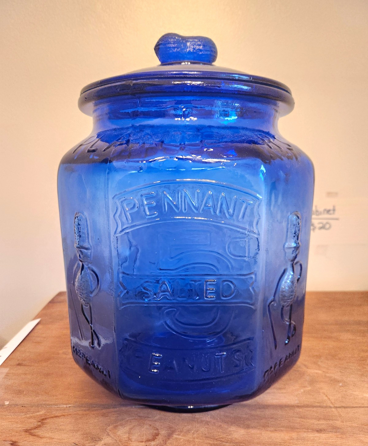 vintage cobalt blue glass jar Pennant Salted Peanuts with Mr. Peanut figure