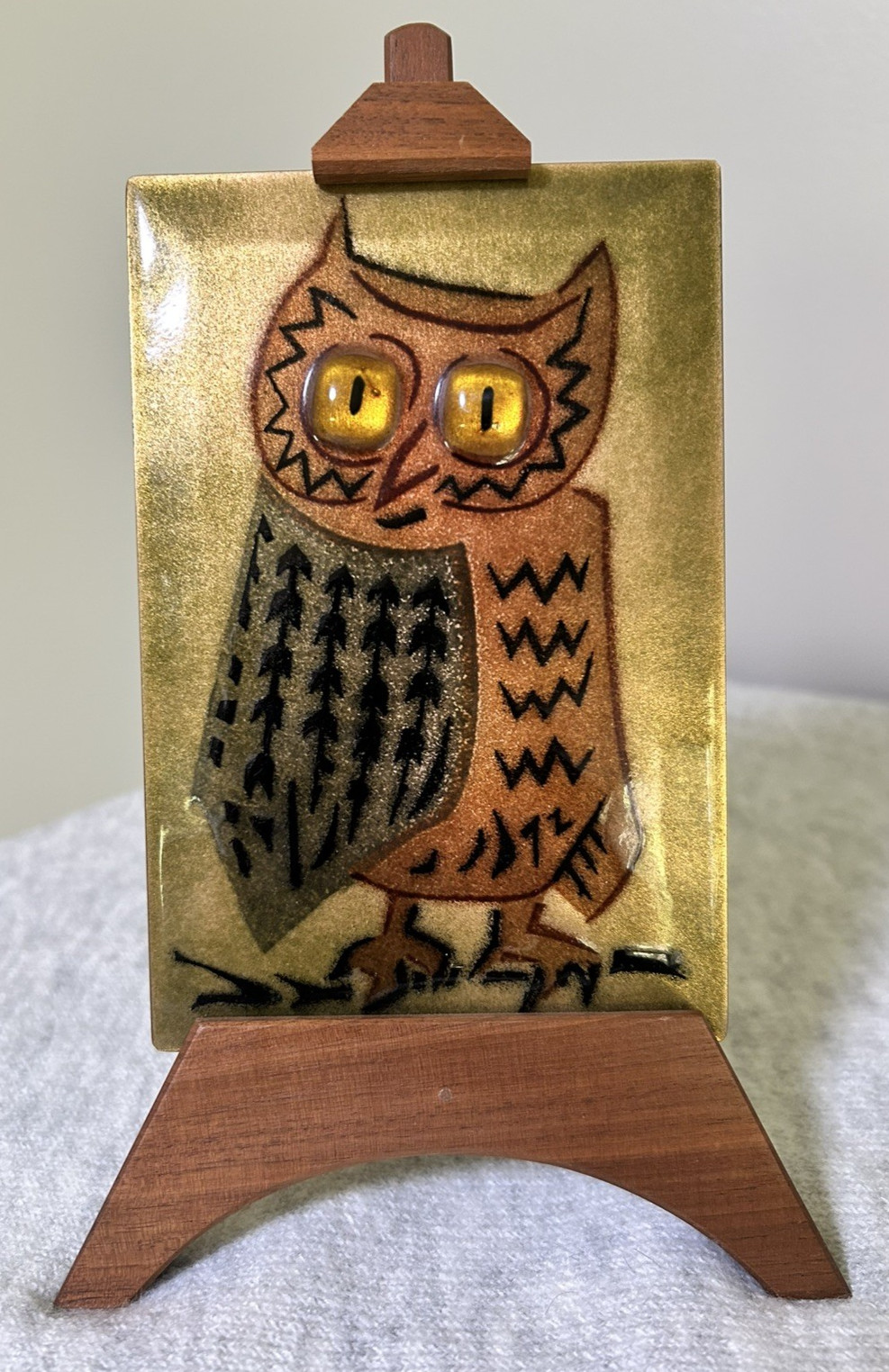 Vintage Annemarie Davidson MCM Copper Enamel Owl Plaque Easel California Art 4x6 Vintage Annemarie Davidson MCM Copper Enamel Owl Plaque Easel California Art 4x6