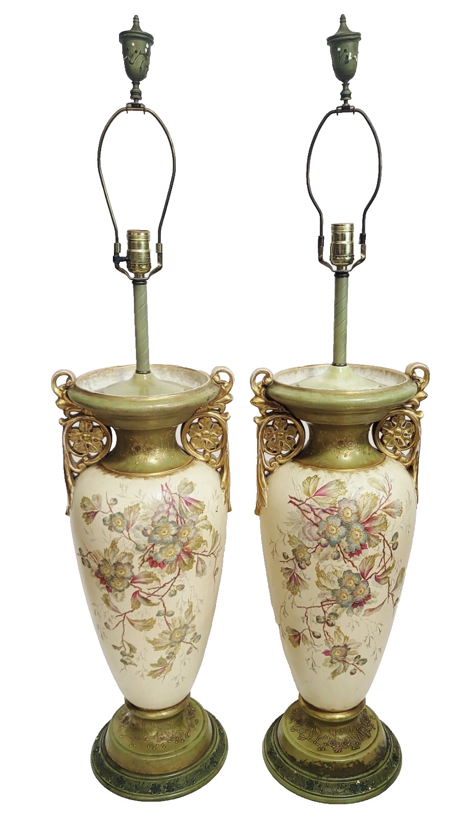 PAIR Monumental Antique GERMAN 19th C ROYAL BONN PORCELAIN Urn VASES as LAMPs