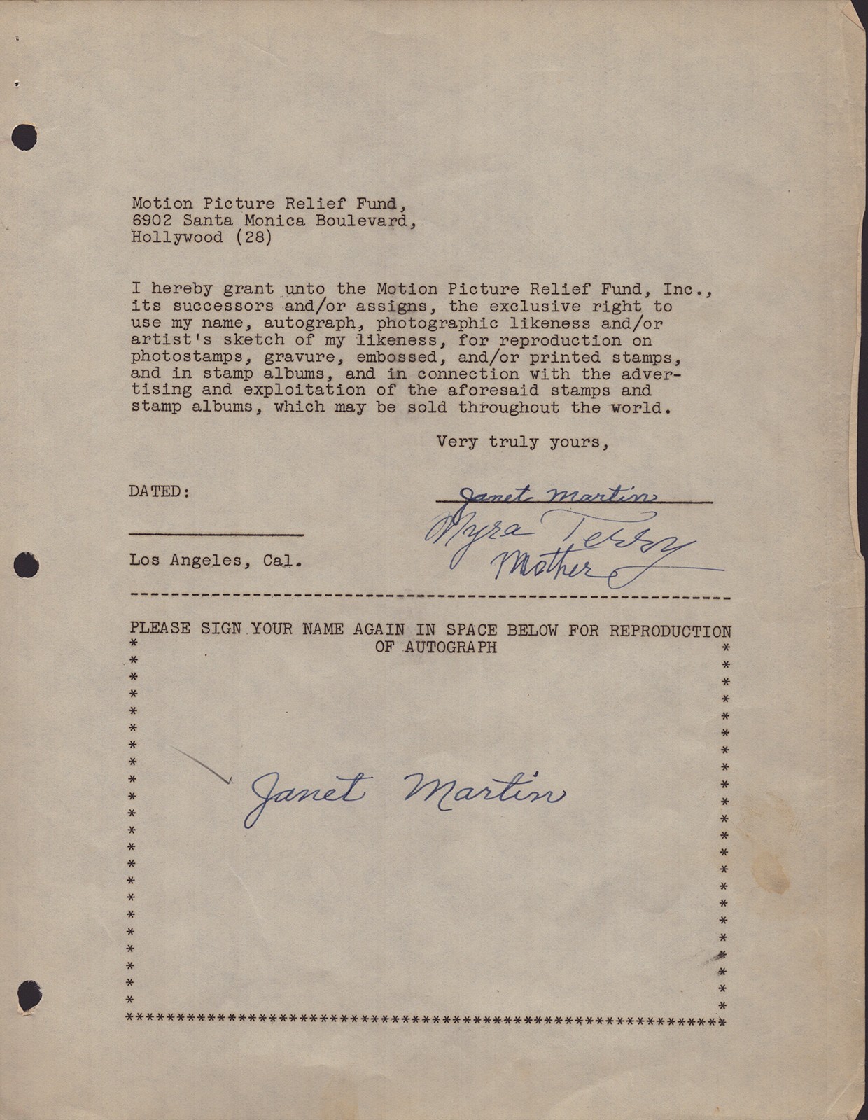JANET MARTIN - DOCUMENT DOUBLE SIGNED CIRCA 1946