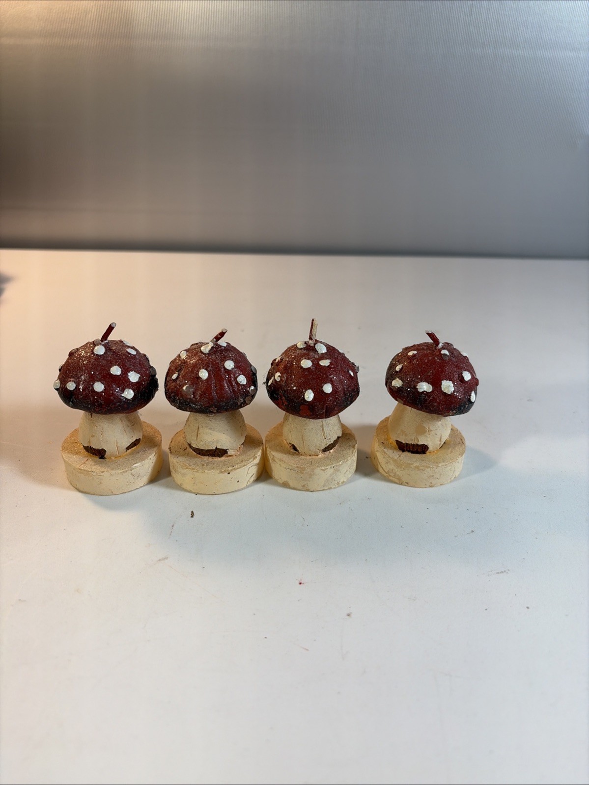 Lot Of 4 Vintage Red White Dot Mushroom Candles Glazed Small 2.25 Lot Of 4 Vintage Red White Dot Mushroom Candles Glazed Small 2.25